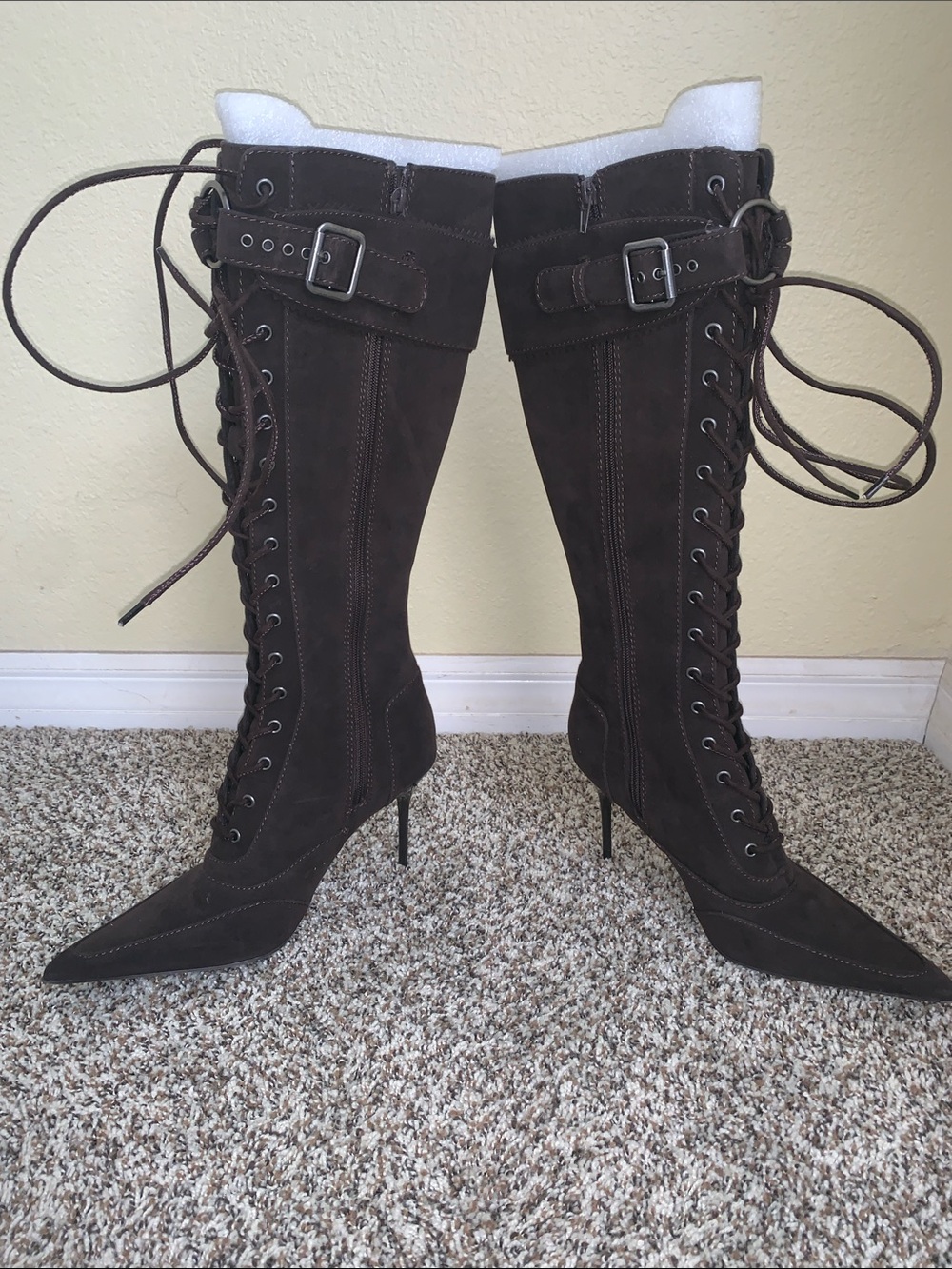 Dolls Kill Widow Dark Brown Lace-Up Pointed-Toe Knee Boots, Size 8, NWOB